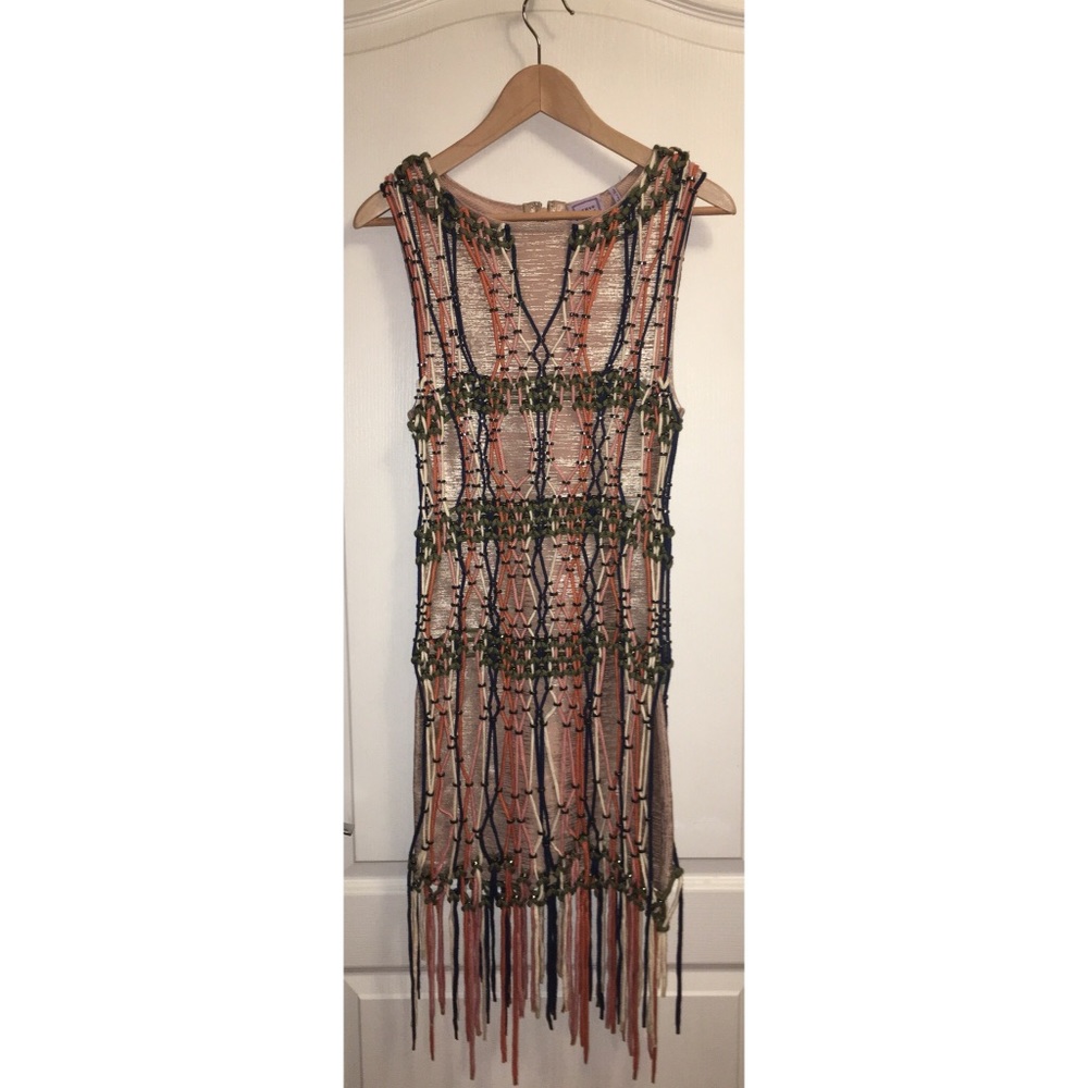Herve Leger Metallic Lace Woven Rope Fringe Dress